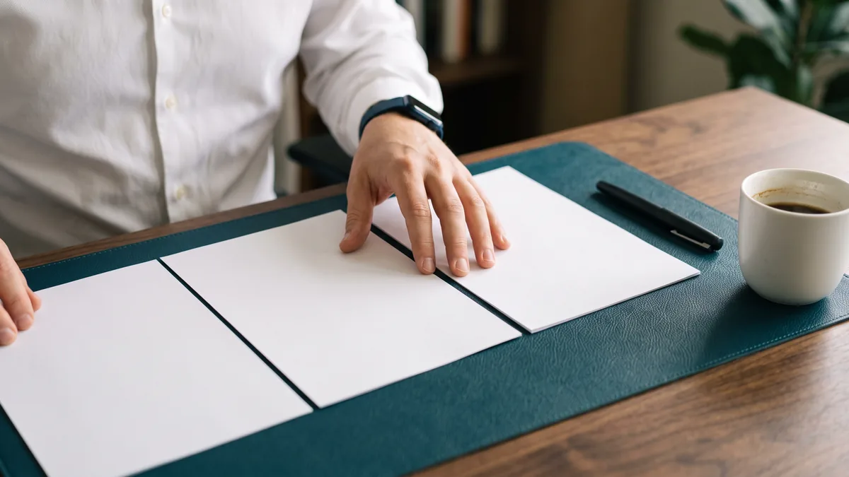 Hands laying three separate printed pages side by side on a teal desk mat