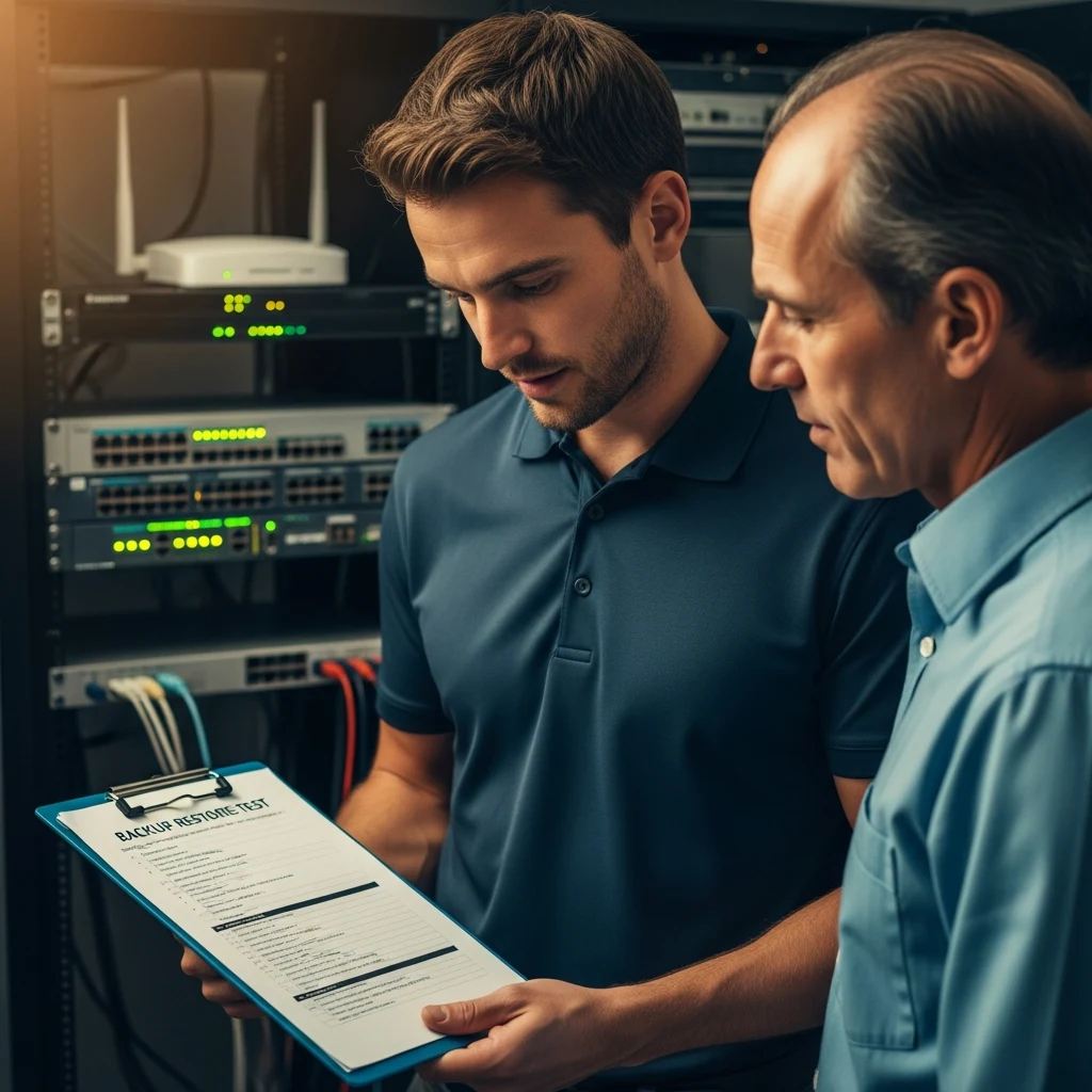 IT consultant reviewing a printed backup and disaster recovery restore-test log with a small business owner in an office server closet