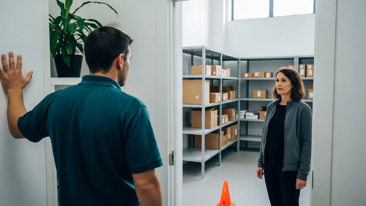 IT technician and business manager talking in the doorway between an office and a stockroom at a multi-site Bergen County business