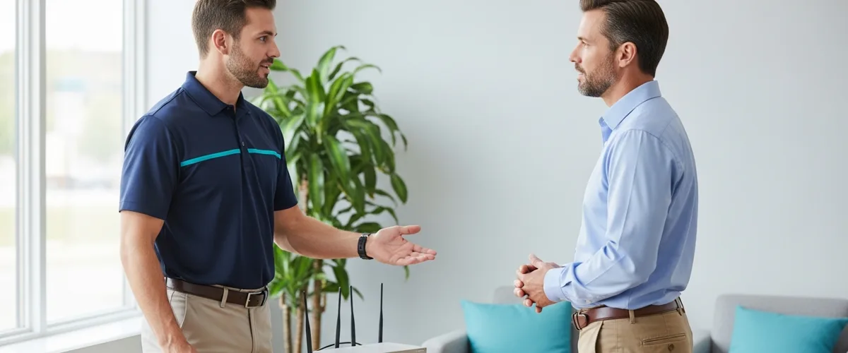 IT consultant reviewing network equipment with a Bergen County small business owner