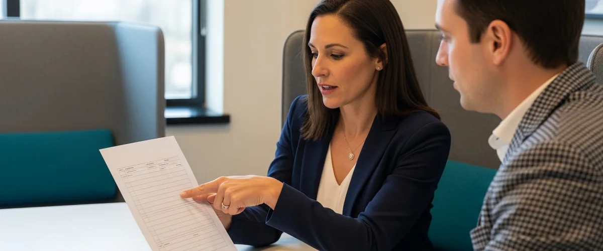 Small business owner and IT consultant reviewing a managed IT provider comparison checklist in Rockland County NY