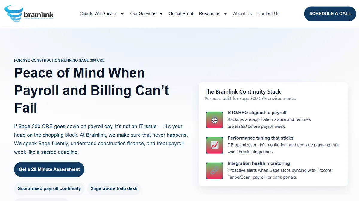 Brainlink homepage showing construction IT support for New York City contractors running Sage 300 CRE