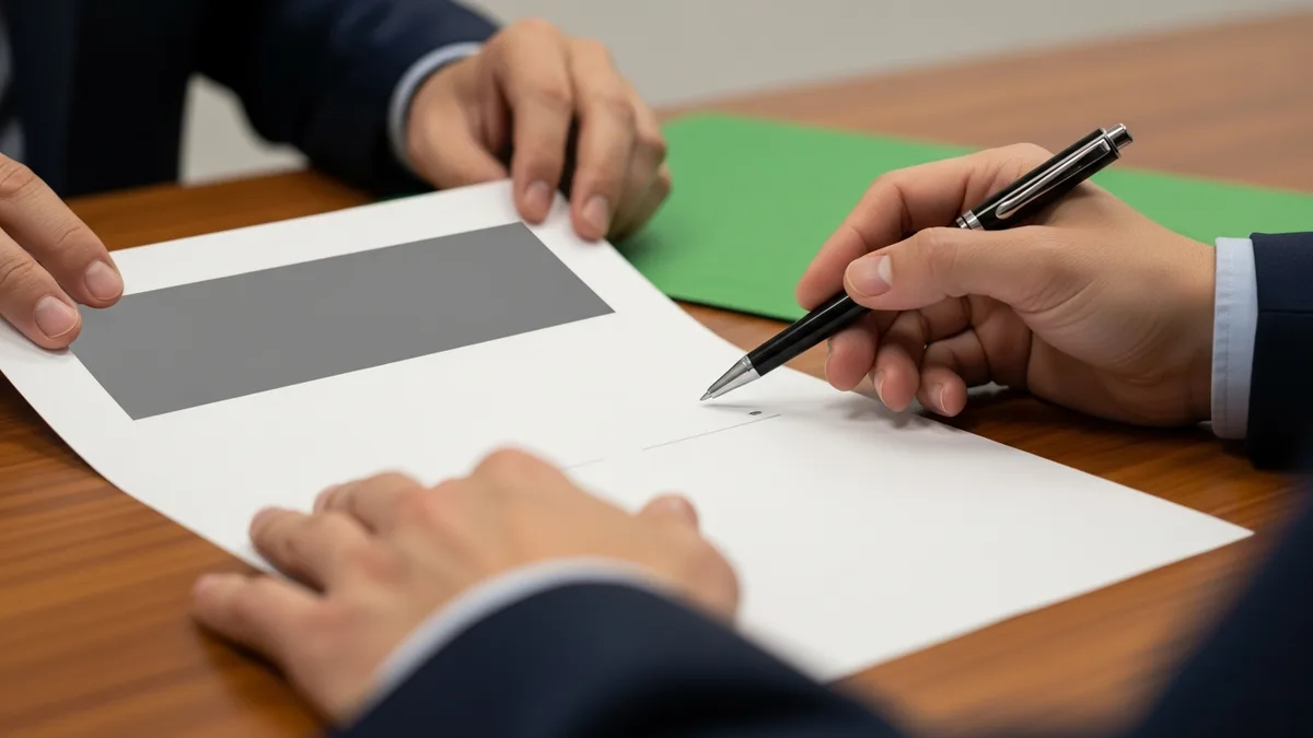 Two people reviewing a printed MSP contract clause with a pen at a conference table