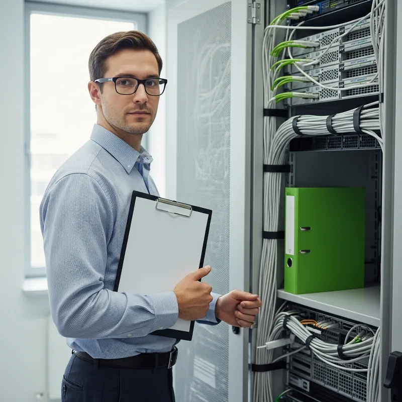 IT professional holding a checklist beside an open server rack during a small business cloud migration assessment