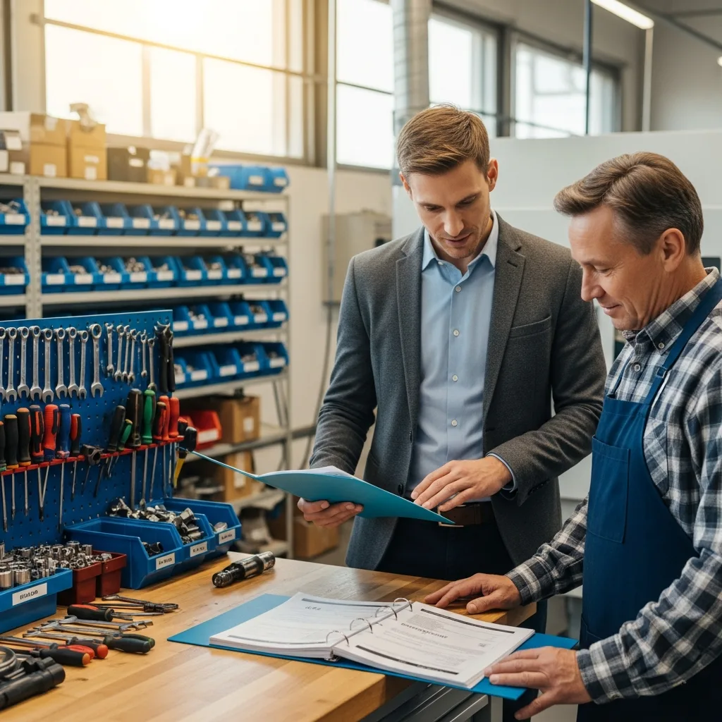 IT compliance consultant and small manufacturing shop owner reviewing a printed CMMC readiness checklist near production equipment