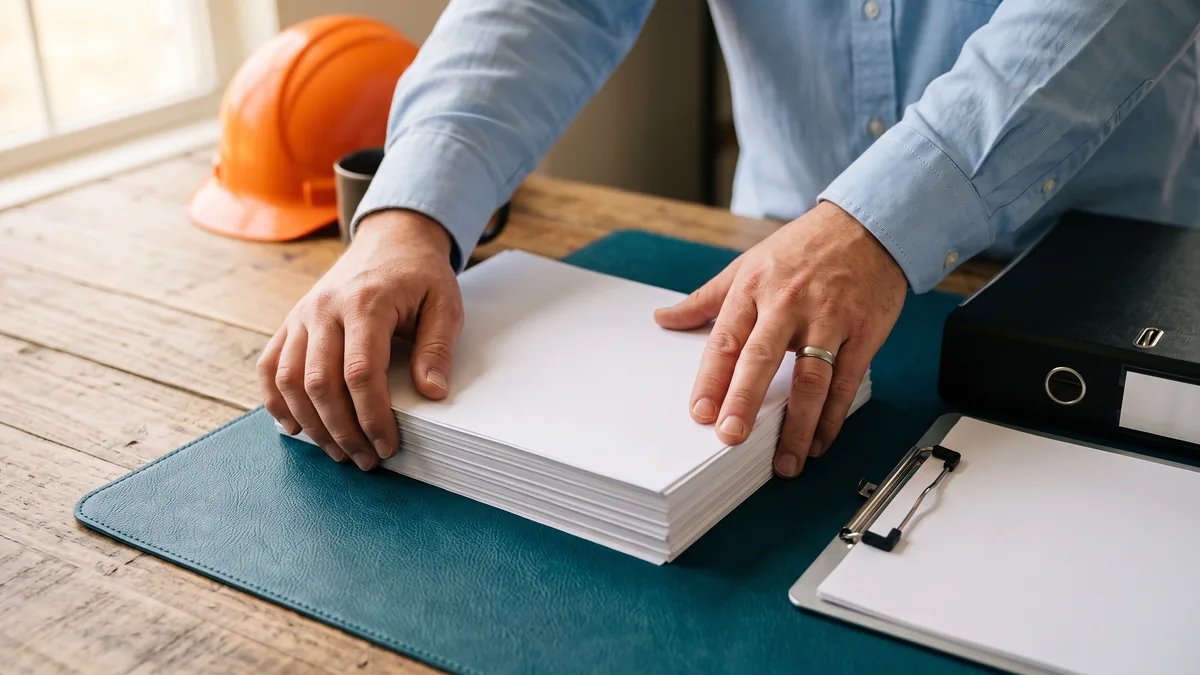 Construction office manager squaring a stack of blank certified payroll forms beside a binder and clipboard