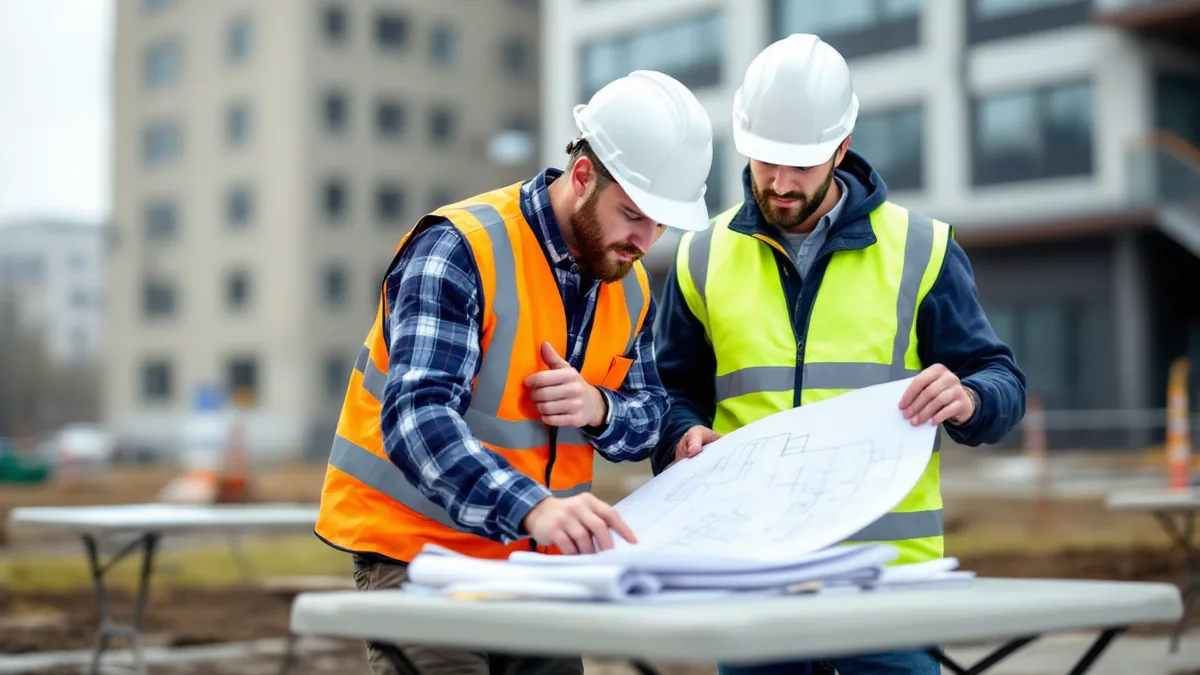 Two construction professionals in high-visibility vests reviewing a printed drawing set on a jobsite
