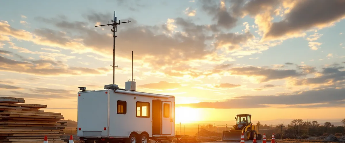 Construction jobsite office trailer with a roof-mounted antenna mast supplying the site internet connection