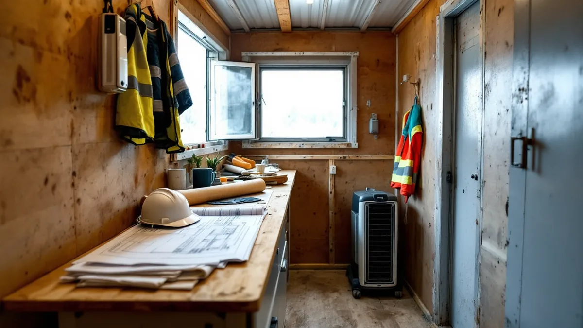 Printed construction drawing sets and a hard hat on the work counter inside a jobsite office trailer