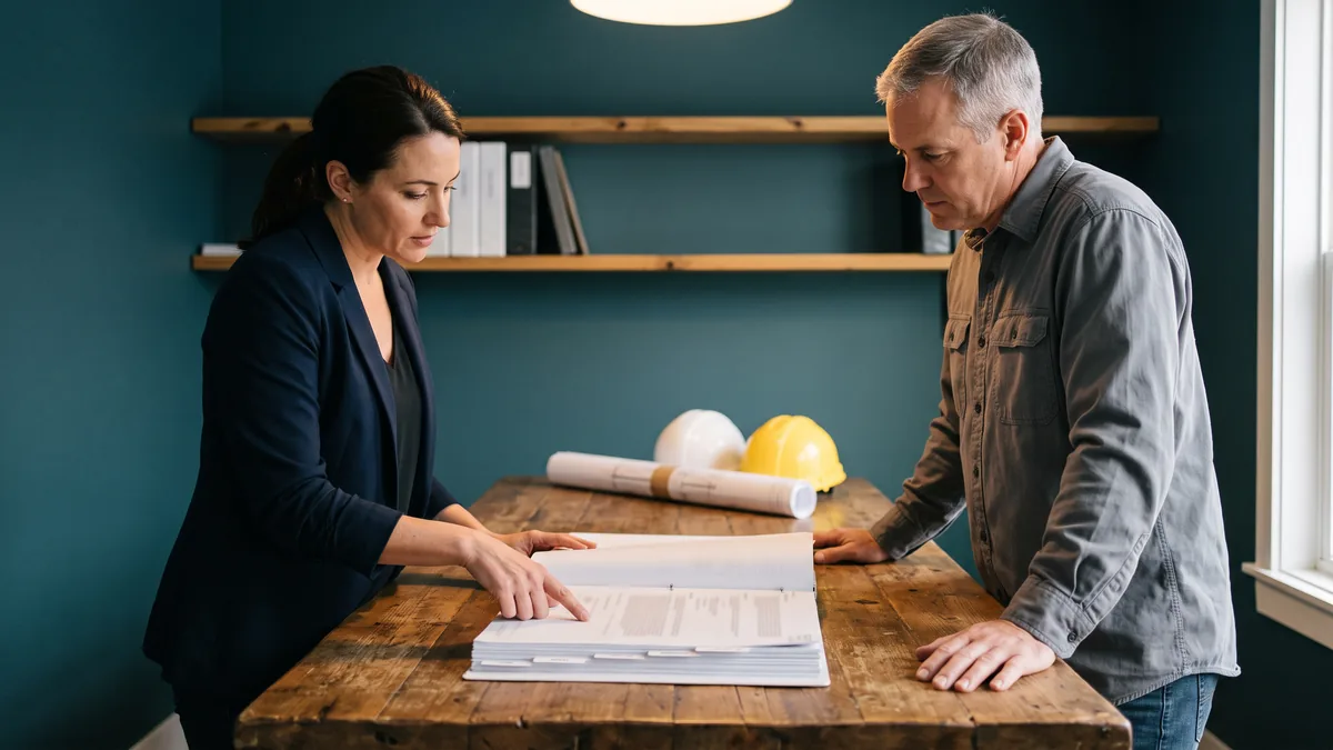 Two construction professionals reviewing a thick tabbed bid package on a wooden table with hard hats and drawings