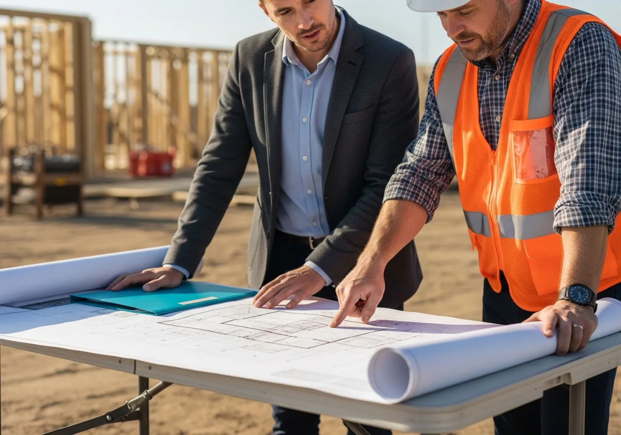 VJNetworks IT consultant and a construction site supervisor reviewing printed blueprints at a job-site trailer