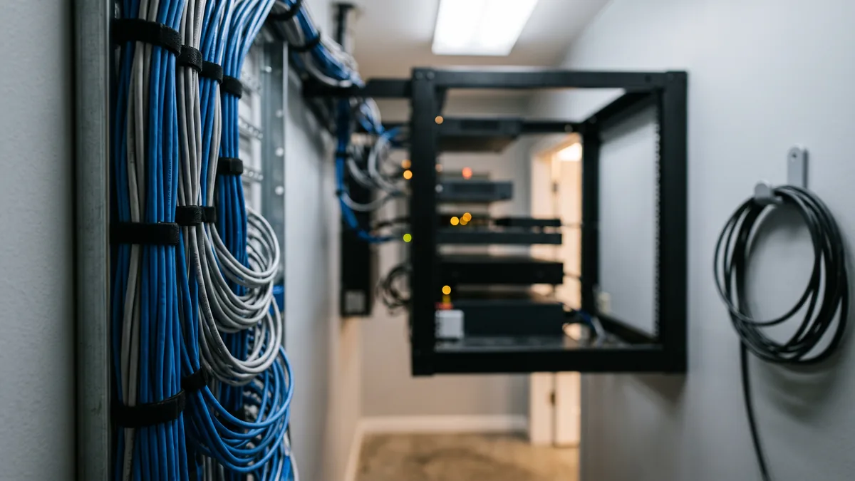 Bundled ethernet cabling in front of an on-premises server rack in an office network closet