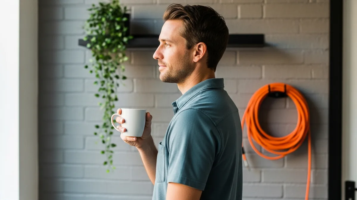 IT engineer pausing with a coffee mug in an office hallway, considering an escalation call to a client firm