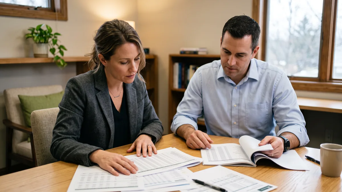 Two accounting professionals reviewing printed workpapers together at a conference table