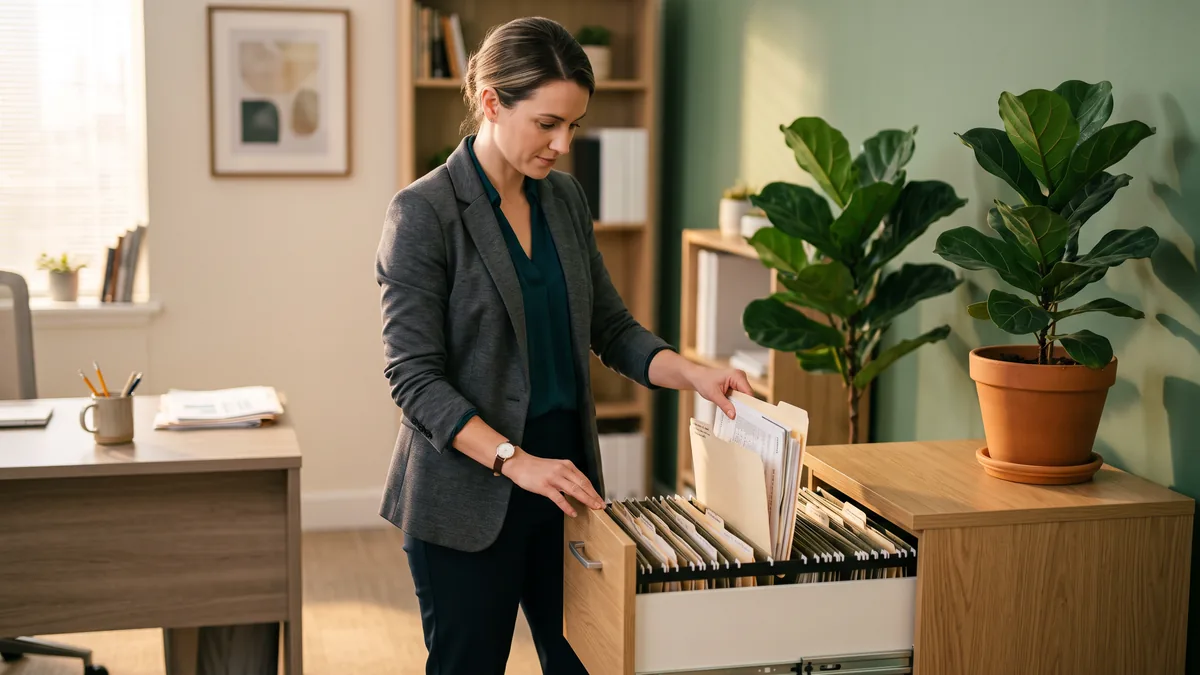 Accountant in a blazer lifting a manila folder of client records from an open filing cabinet