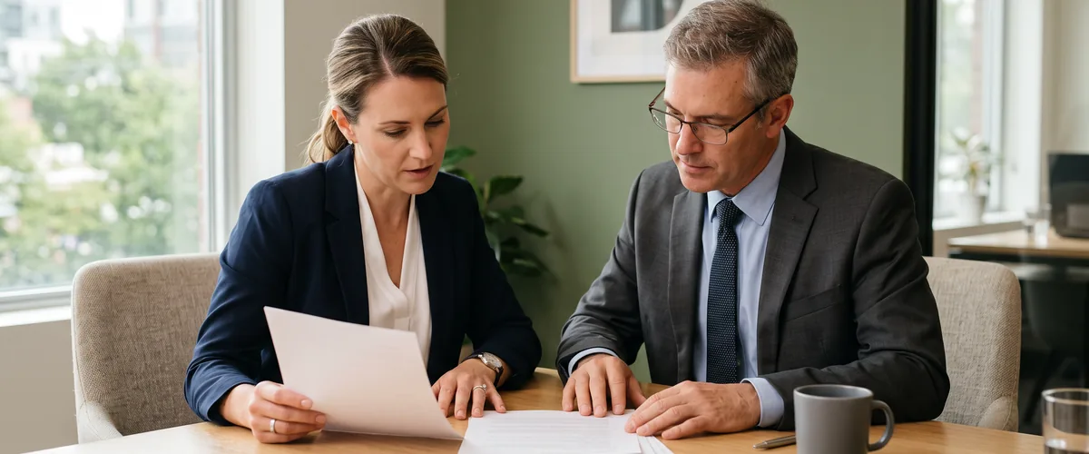 Two accounting firm partners reviewing printed client documents at a conference table