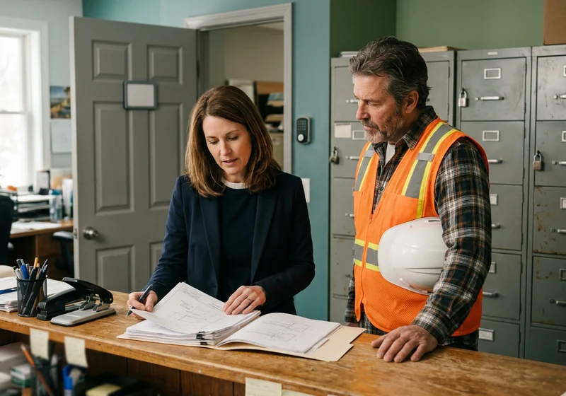 Construction company office manager and site supervisor reviewing printed project paperwork beside a secured door and locked file cabinets