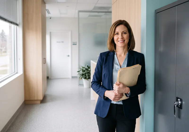Healthcare practice manager holding patient records beside a locked records cabinet in a medical clinic corridor