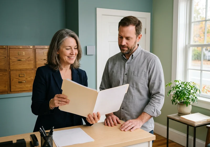 Insurance agency principal reviewing printed policy files beside locked client record cabinets in a small agency office