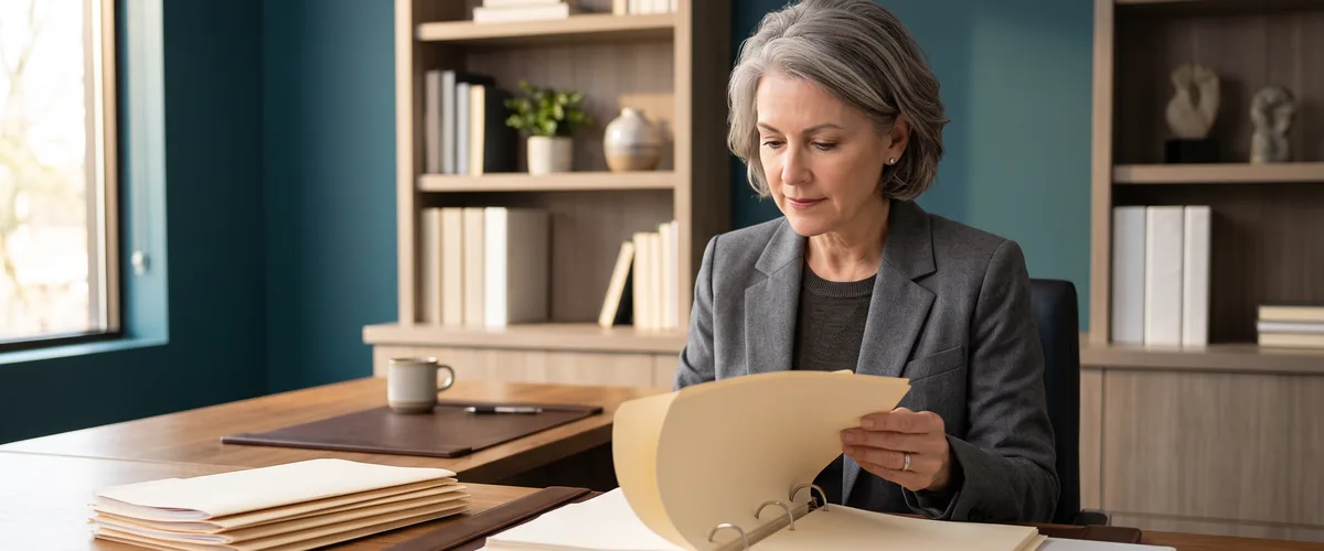 Insurance agency principal reading a page from an open compliance binder beside a stack of manila folders