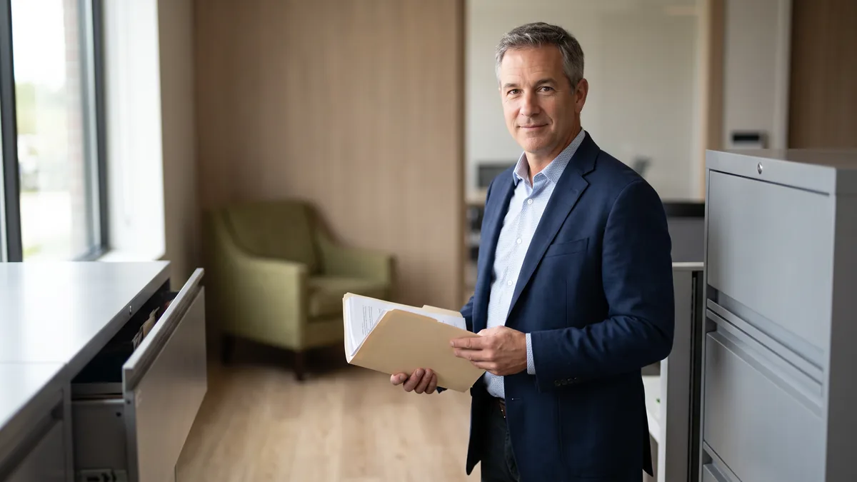 Business owner pulling a folder of printed documents from a file cabinet while a colleague waits