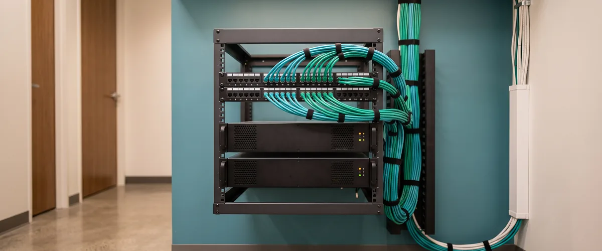 Wall-mounted small business file server and network rack in an office closet