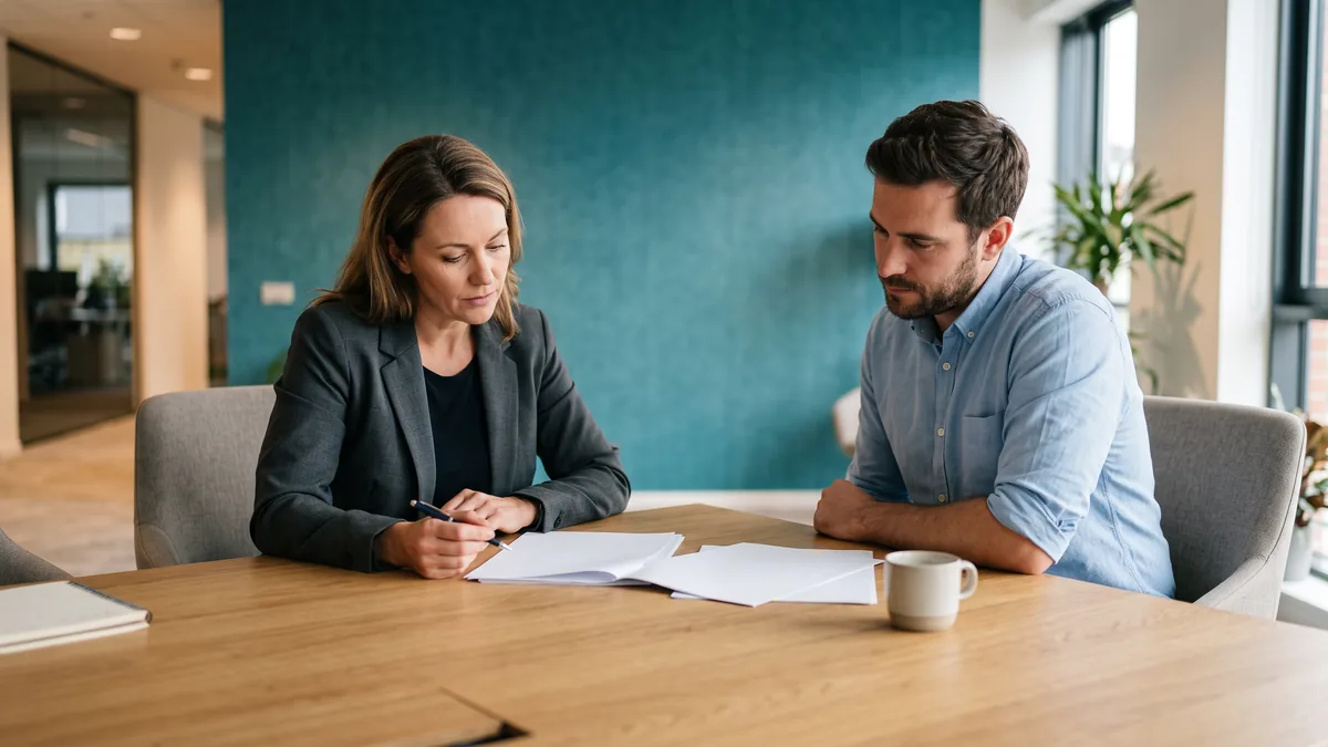 Two colleagues at a conference table reviewing a printed file server versus SharePoint comparison