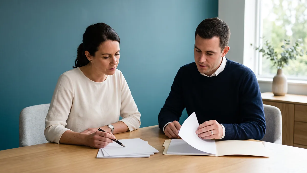 Two advisory firm colleagues reviewing printed pages together at a conference table