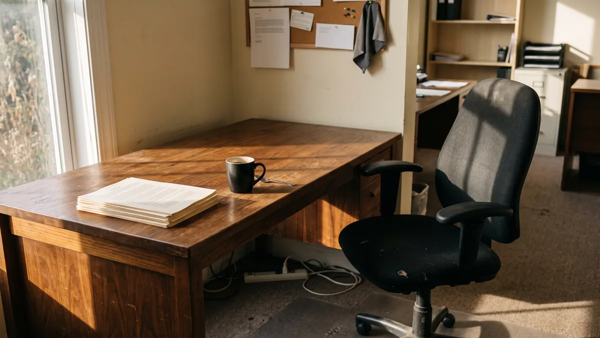 Printed pages and a cold coffee on an empty desk while waiting on vendor support for an account lockout