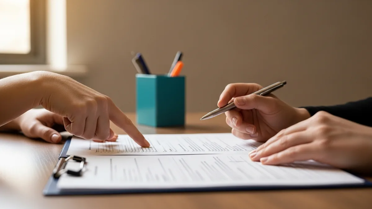 Two people reviewing a printed healthcare IT provider evaluation checklist at a desk