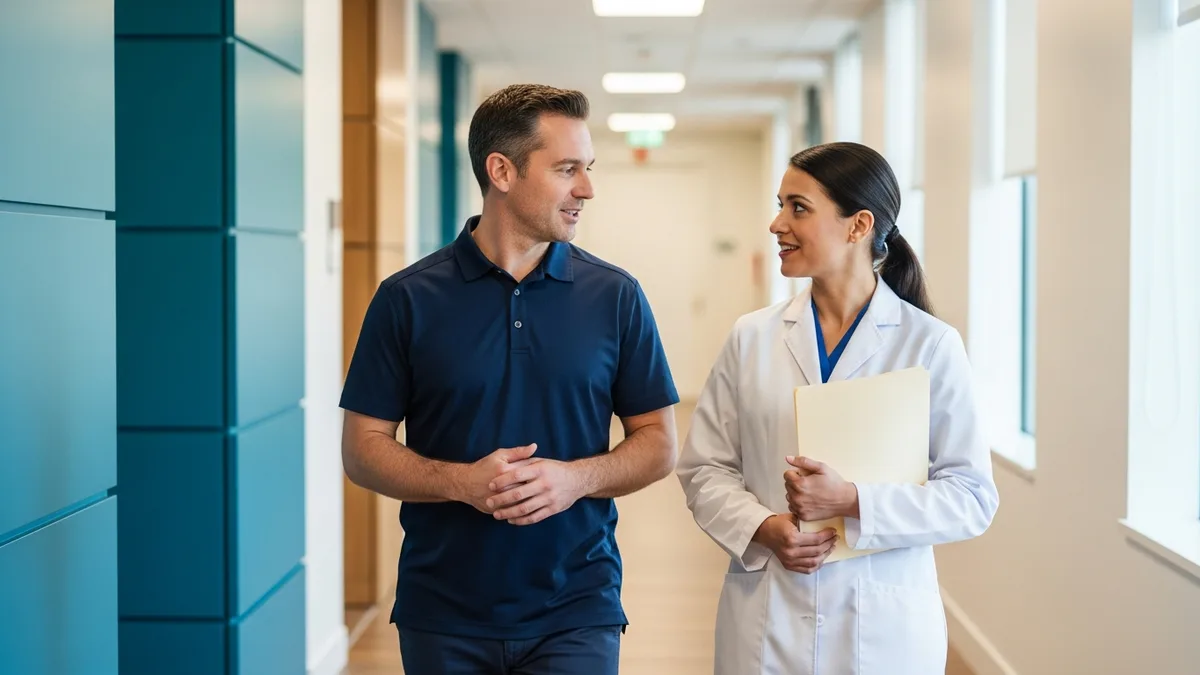 IT provider and healthcare practice administrator discussing HIPAA-compliant IT support in a clinic hallway