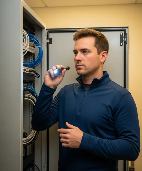 IT technician inspecting a secure network equipment cabinet in a healthcare office