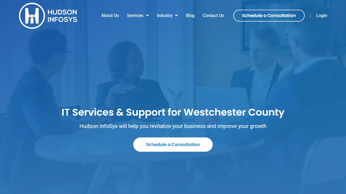 Hudson InfoSys homepage showing IT services and support for Westchester County New York businesses