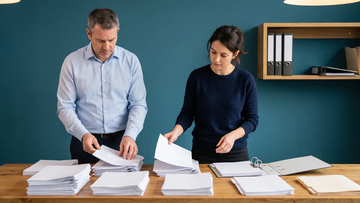 Two insurance agency staff sorting printed records into piles beside an open ring binder
