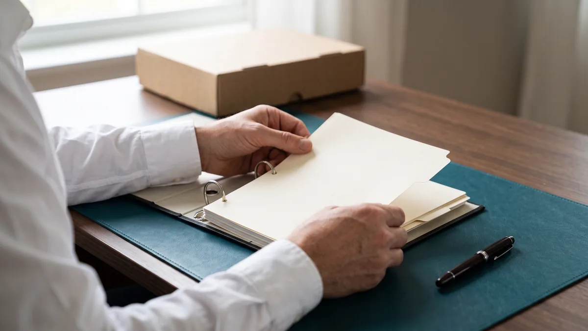 Hands sliding a blank tabbed divider into an open three-ring binder on a teal desk mat