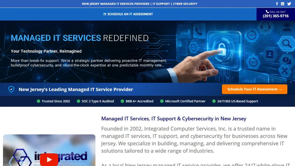 Integrated Computer Services homepage showing managed IT and cybersecurity services for New Jersey businesses