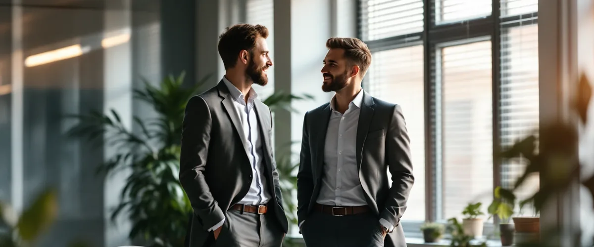 Two accountants talking beside a window in a modern accounting office, representing IT companies for accounting and CPA firms in the Tri-State Area