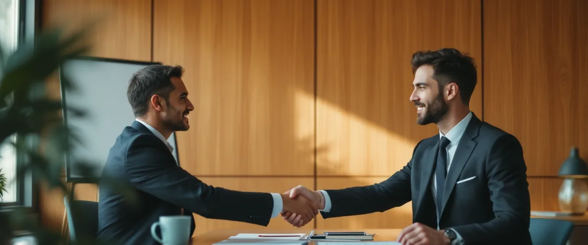 Financial advisor shaking hands with a client across a desk in an advisory office, representing IT companies for financial advisors in NY and NJ