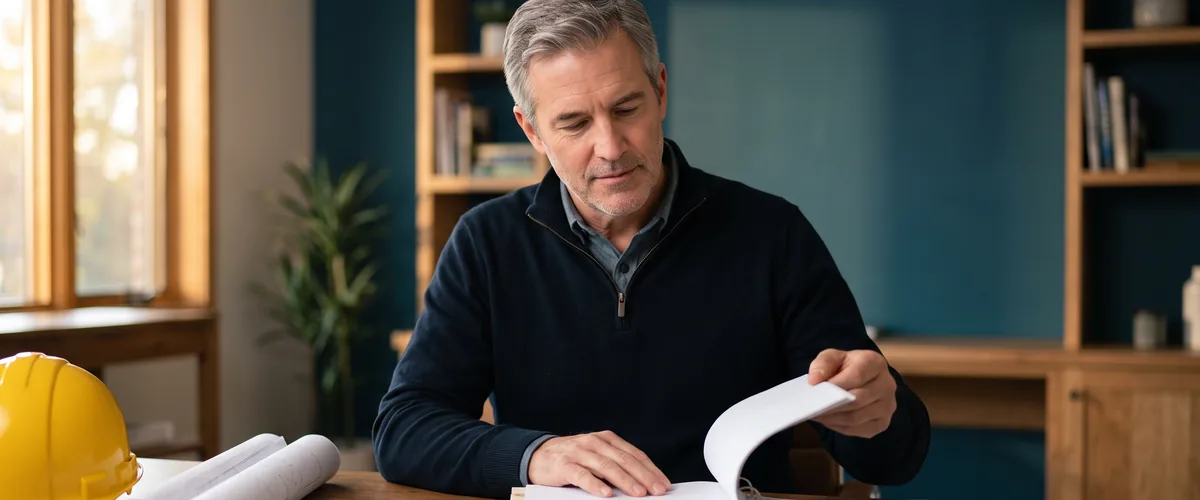 Construction company owner turning pages of a printed government bid package beside a hard hat and rolled drawings
