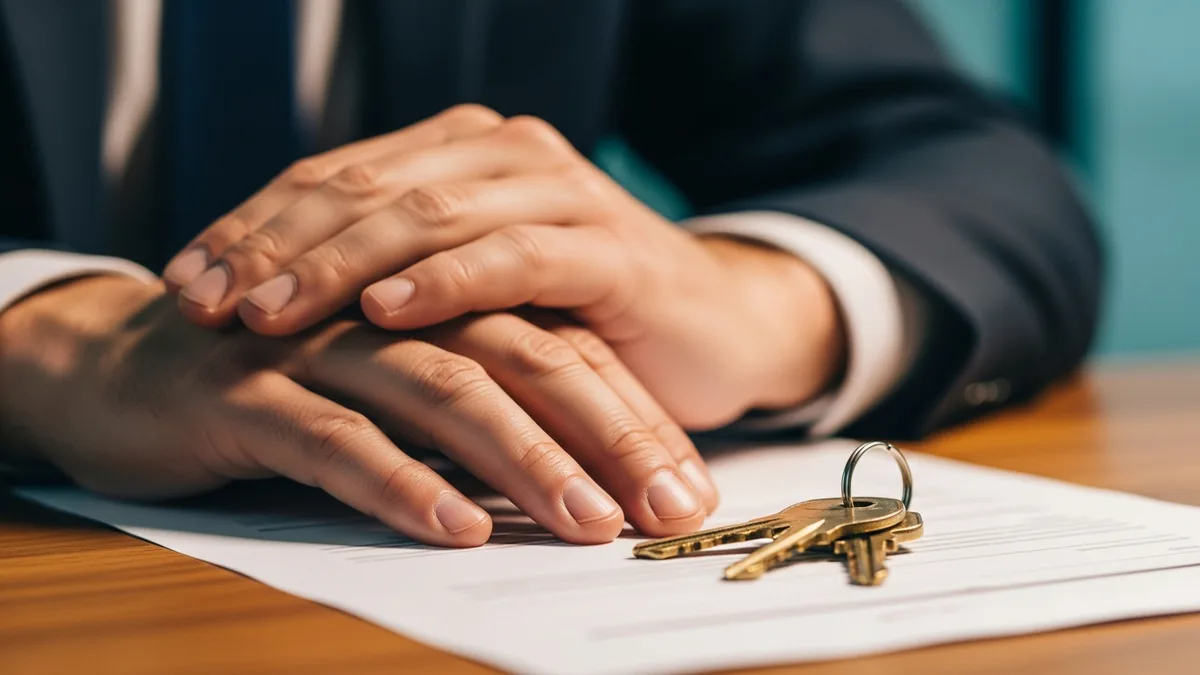 Close-up of hands resting on a signed IT contract next to a set of keys, symbolizing full data ownership