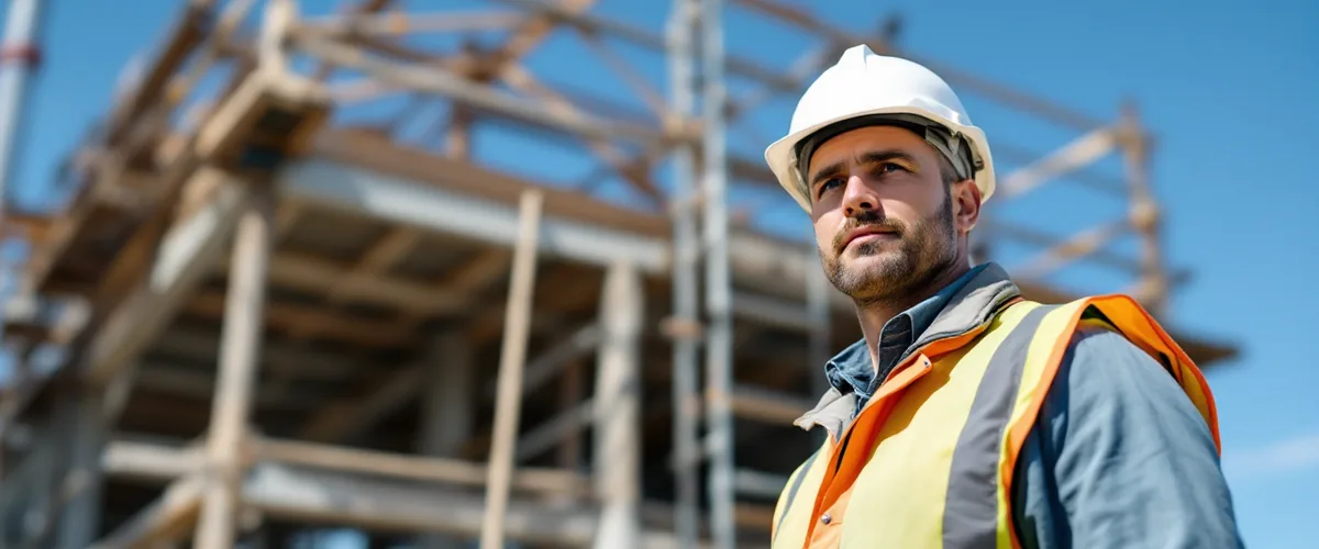 Construction project manager in a hard hat and safety vest on a building site, representing IT and cybersecurity for construction companies