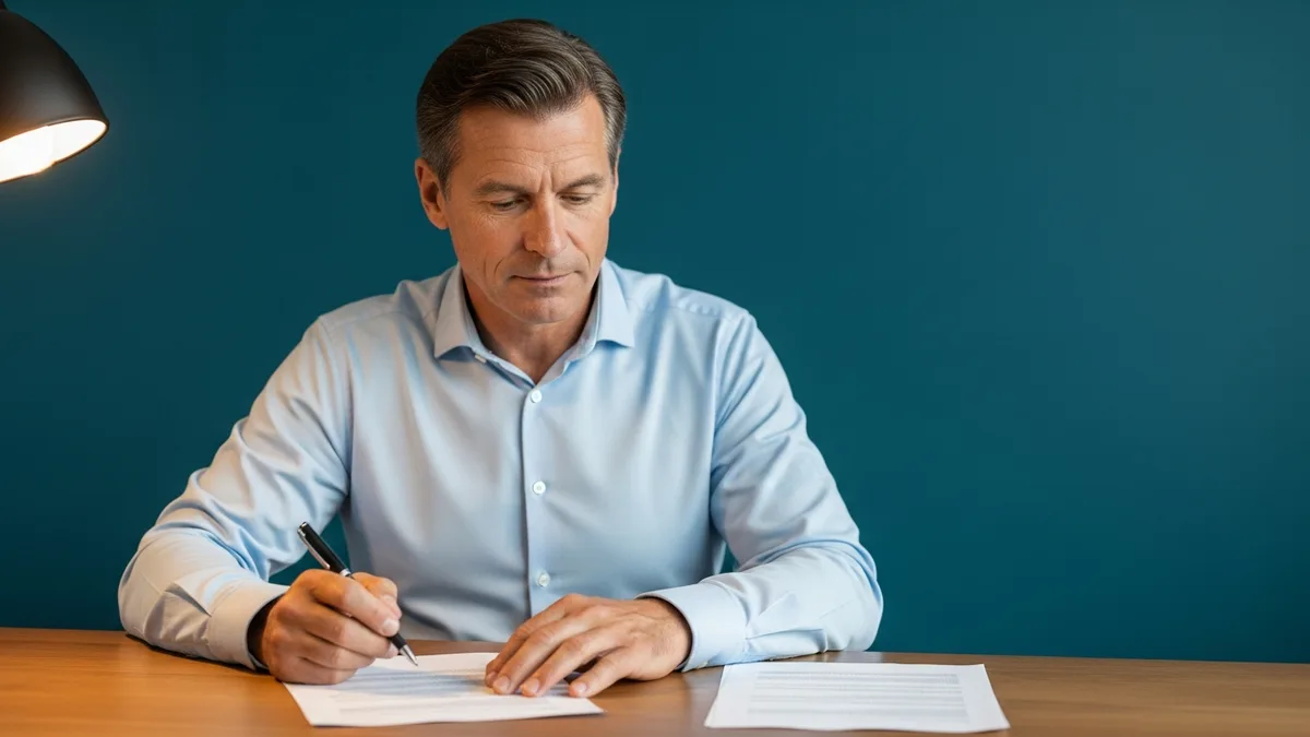Business owner reviewing and signing an IT services contract at his desk