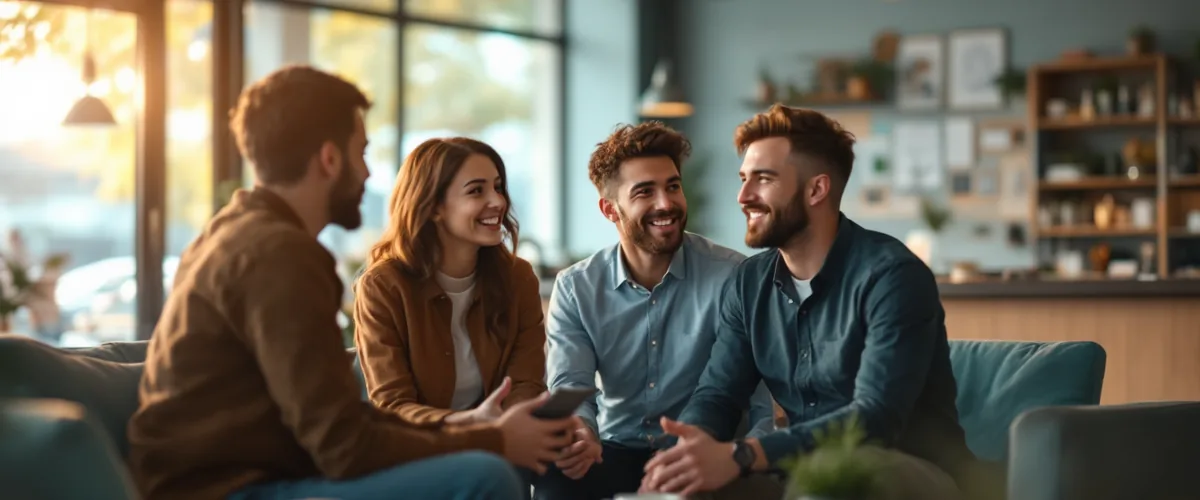 Insurance agency team talking together in a reception area, representing IT support for insurance agencies in New York and New Jersey