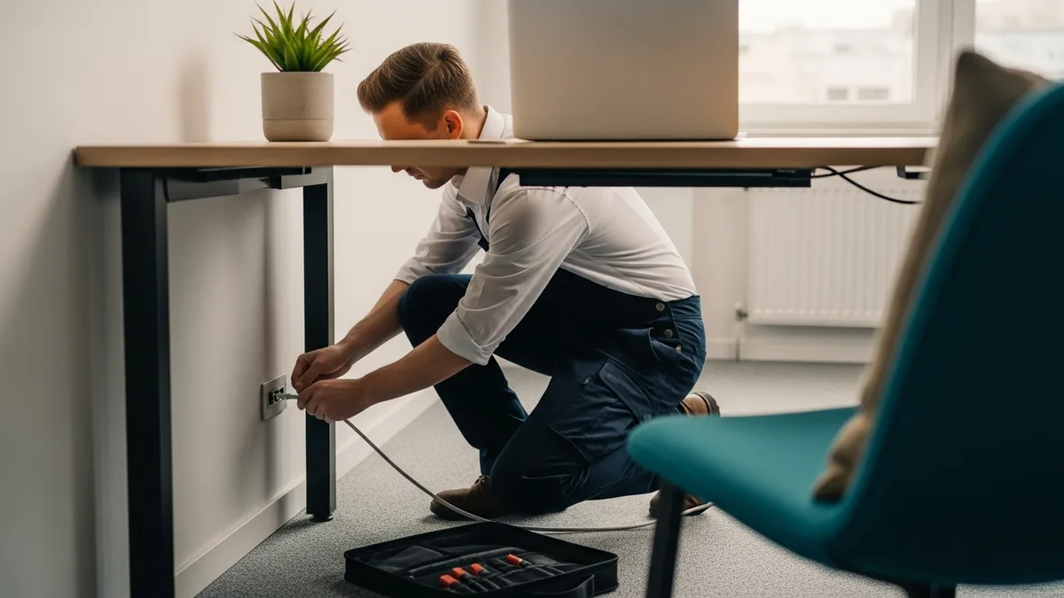 IT technician connecting a new employee desk to the network on their first day at a professional services firm