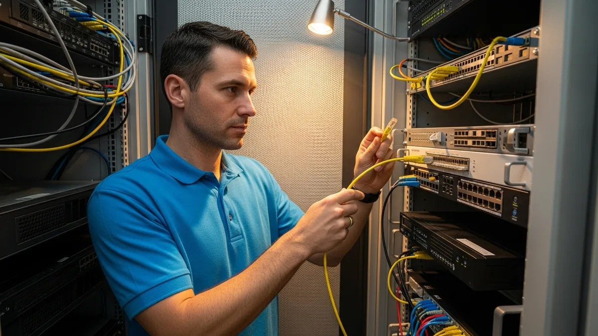IT technician servicing network equipment in an office server closet for a Westchester professional services firm