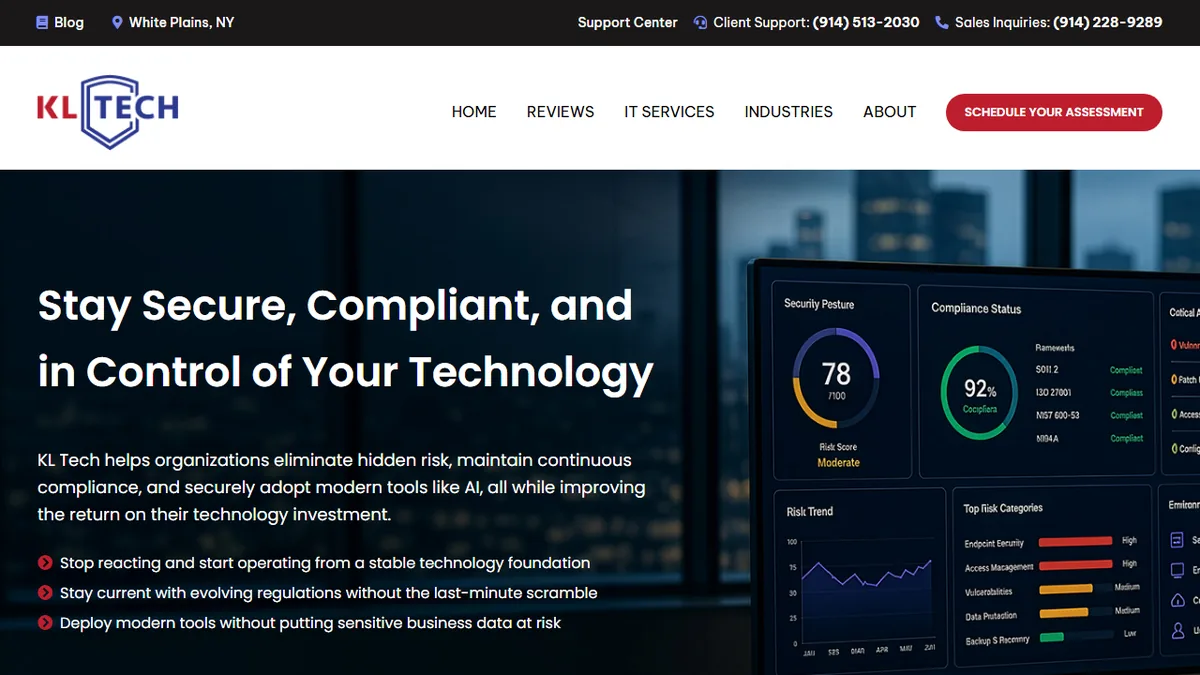 KL Tech Consulting homepage showing cybersecurity and compliance services for Westchester County businesses in White Plains NY