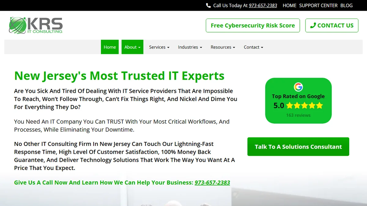 KRS IT Consulting homepage showing managed IT support for professional services firms in New Jersey and New York