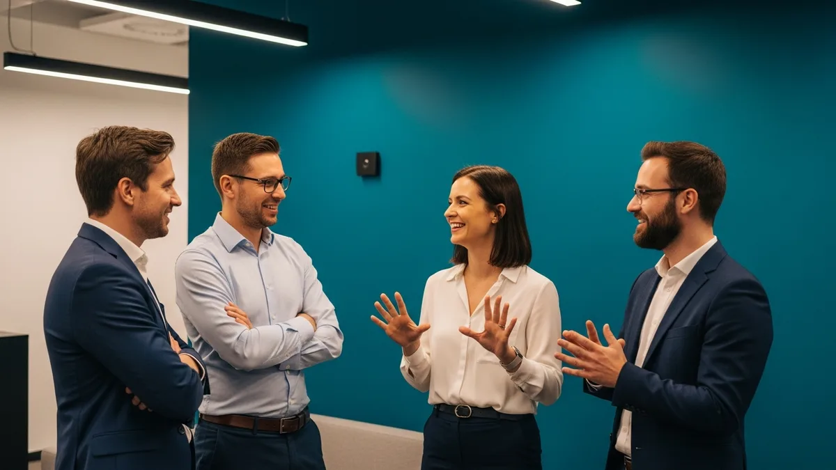 Team of IT services engineers discussing a project together in the office