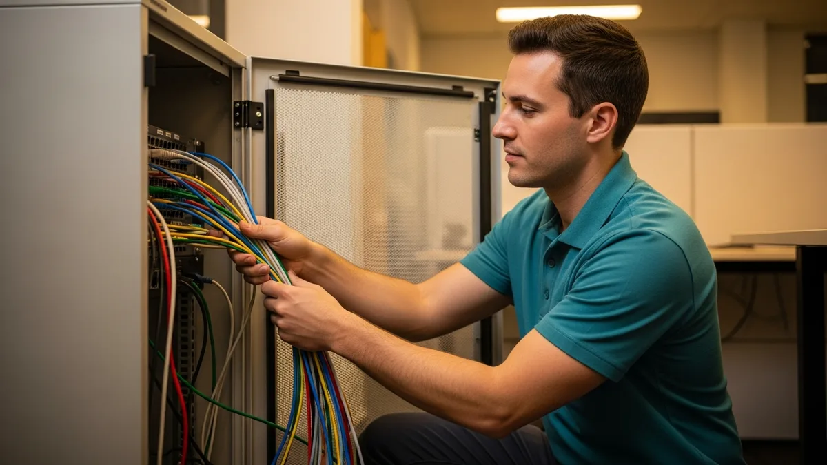 IT technician servicing network equipment on-site at a small business