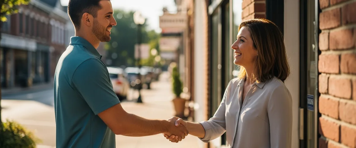 IT services technician shaking hands with a small business owner outside her storefront